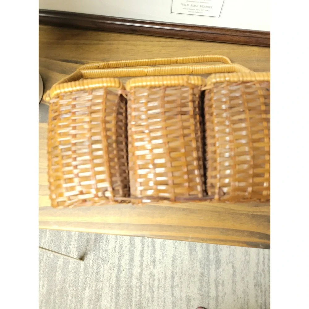 Woven Wicker Utensil Caddy Rattan‎ Desk Organizer with Handle Brown 4-Section